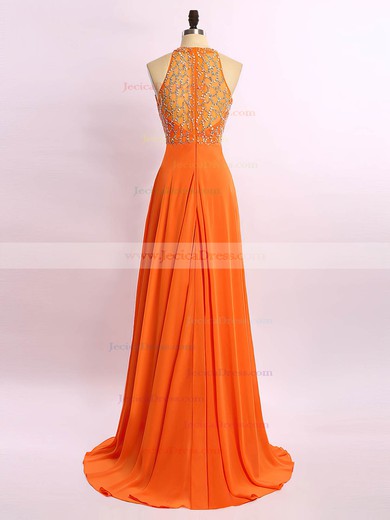 Scoop Neck Chiffon with Beading Sweep Train Orange Nice Prom Dresses #JCD020101653