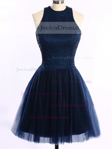 Short/Mini Scoop Neck Dark Navy Tulle Pearl Detailing Open Back Prom Dresses #JCD020101654