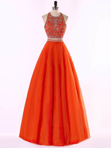 Two Pieces Orange Tulle Floor-length Beading Halter Prom Dresses #JCD020101655