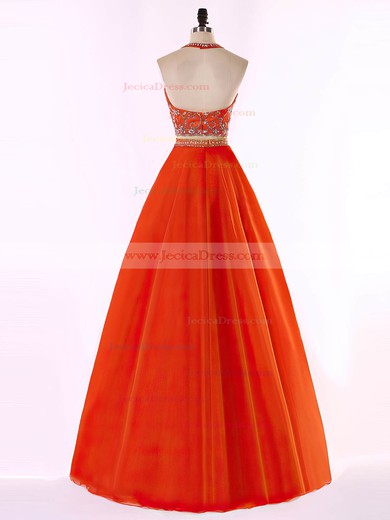 Two Pieces Orange Tulle Floor-length Beading Halter Prom Dresses #JCD020101655