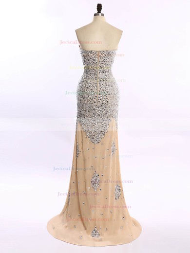 Great Sheath/Column Sweetheart Champagne Chiffon Split Front Prom Dresses #JCD020101656