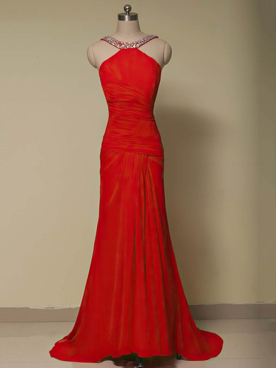 Sheath/Column Red Chiffon Court Train Beading Cheap Prom Dresses #JCD020101658