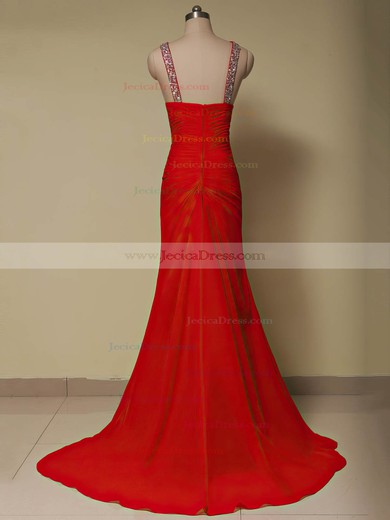 Sheath/Column Red Chiffon Court Train Beading Cheap Prom Dresses #JCD020101658