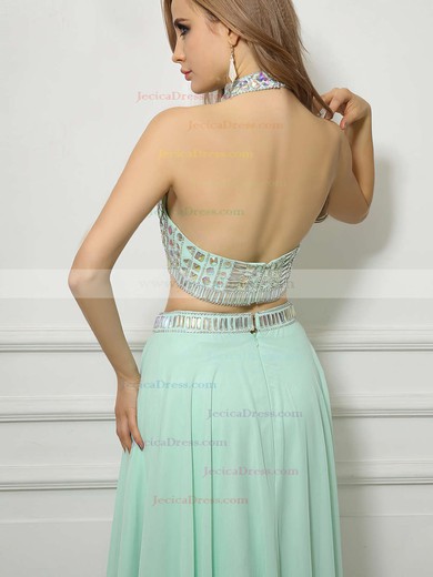 High Neck Backless Chiffon Tulle Floor-length Beading Two Pieces Prom Dresses #JCD020101659