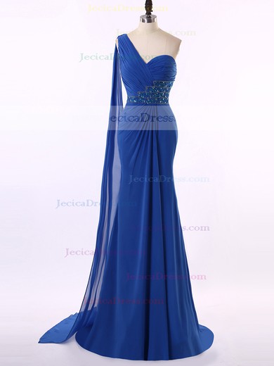 One Shoulder Amazing Royal Blue Chiffon Beading Trumpet/Mermaid Prom Dresses #JCD020101662