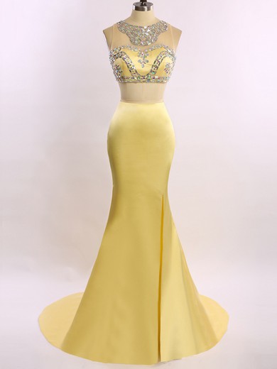 Two Pieces Yellow Satin Tulle Court Train Beading Trumpet/Mermaid Prom Dresses #JCD020101665