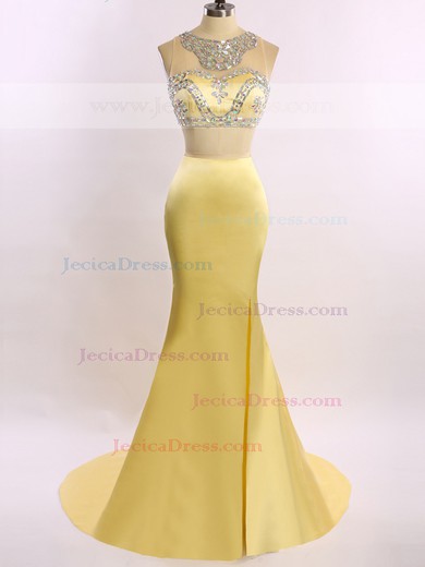 Two Pieces Yellow Satin Tulle Court Train Beading Trumpet/Mermaid Prom Dresses #JCD020101665