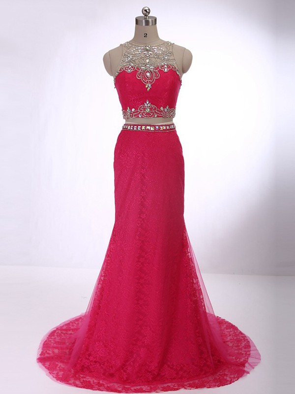 Red Trumpet/Mermaid Scoop Neck Lace Tulle with Beading Two Pieces Prom Dress