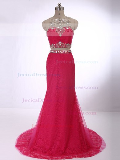 Red Trumpet/Mermaid Scoop Neck Lace Tulle with Beading Two Pieces Prom Dress #JCD020101669
