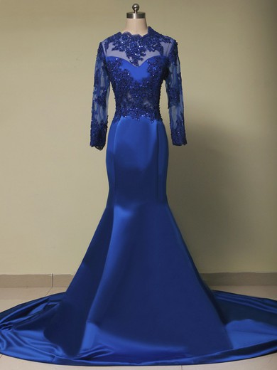 Trumpet/Mermaid Scalloped Neck Satin Tulle Appliques Lace Royal Blue Long Sleeve Prom Dress #JCD020101670