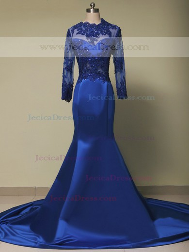 Trumpet/Mermaid Scalloped Neck Satin Tulle Appliques Lace Royal Blue Long Sleeve Prom Dress #JCD020101670