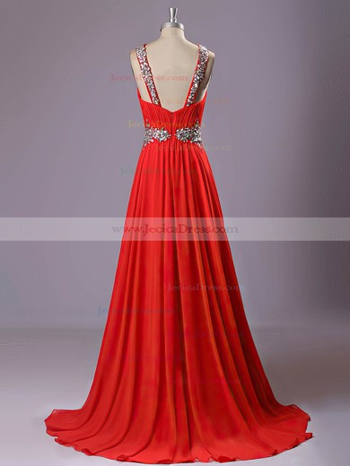 Discount Scoop Neck Chiffon Sweep Train Crystal Detailing Red Prom Dress #JCD020101672