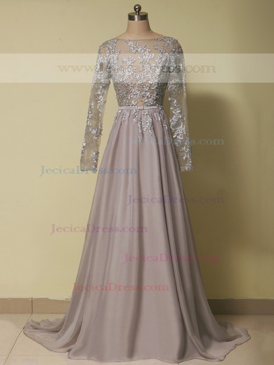 Scoop Neck Backless Chiffon Tulle Sweep Train Appliques Lace Long Sleeve Prom Dress #JCD020101673