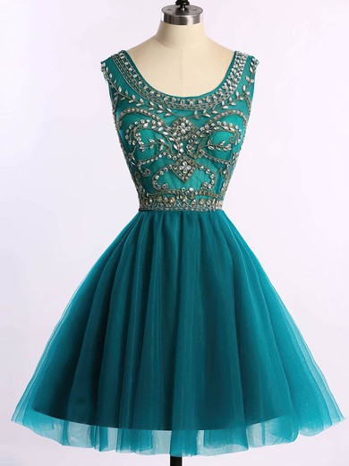 Scoop Neck Sparkly Dark Green Tulle Beading Short/Mini Prom Dress #JCD020101675