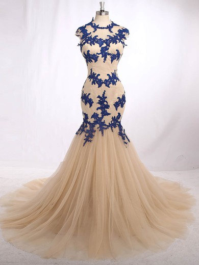 Modest Champagne Tulle Chapel Train Appliques Lace Trumpet/Mermaid Prom Dress #JCD020101676