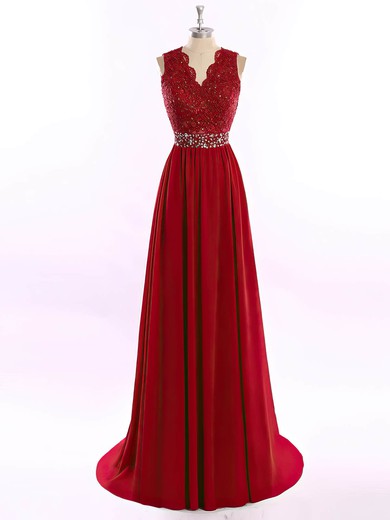 V-neck Claret Chiffon Tulle Sweep Train Appliques Lace Vintage Prom Dress #JCD020101678