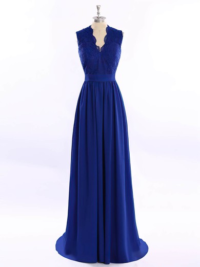 Royal Blue V-neck Chiffon Sweep Train Appliques Lace Open Back Prom Dress #JCD020101679