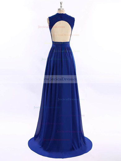 Royal Blue V-neck Chiffon Sweep Train Appliques Lace Open Back Prom Dress #JCD020101679
