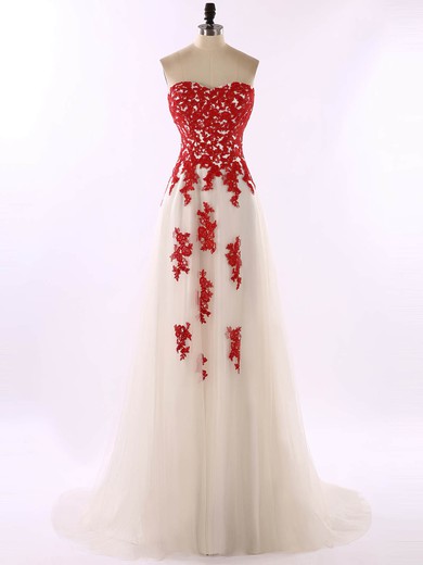 Sweetheart Champagne Tulle Sweep Train Appliques Lace Affordable Prom Dress #JCD020101682