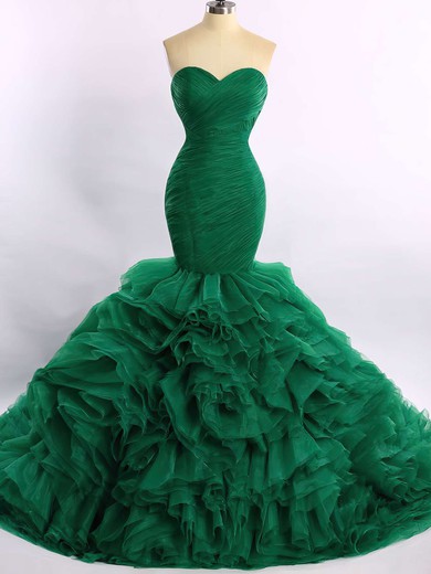 Trumpet/Mermaid Green Organza Court Train Cascading Ruffles Expensive Prom Dress #JCD020101683