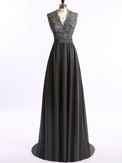 V-neck Black Chiffon Sweep Train Appliques Lace Open Back Prom Dress #JCD020101685