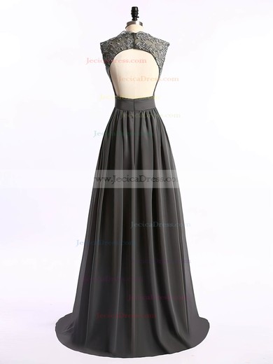 V-neck Black Chiffon Sweep Train Appliques Lace Open Back Prom Dress #JCD020101685