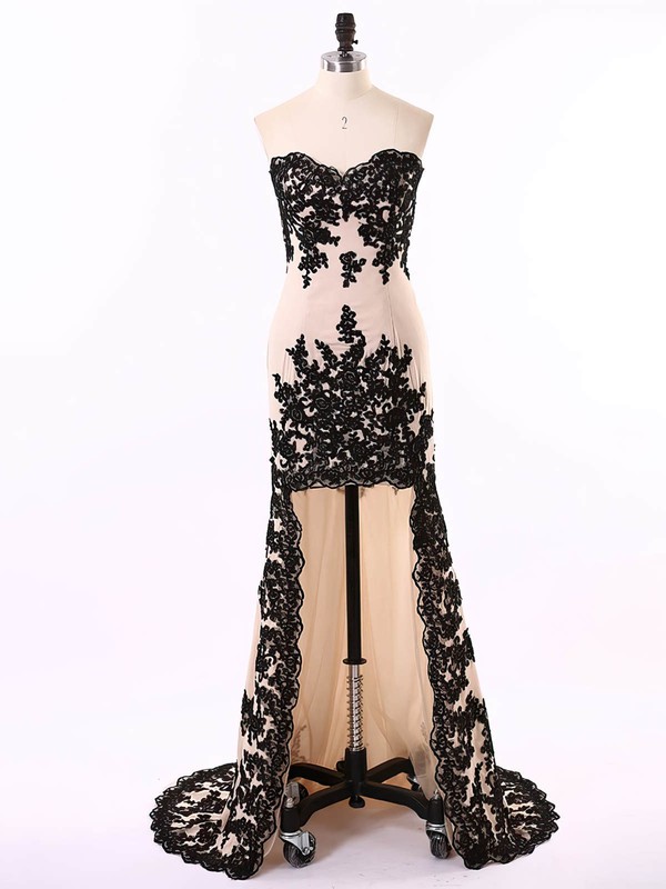 Sheath/Column Asymmetrical Chiffon Appliques Lace Unique High Low Prom Dress