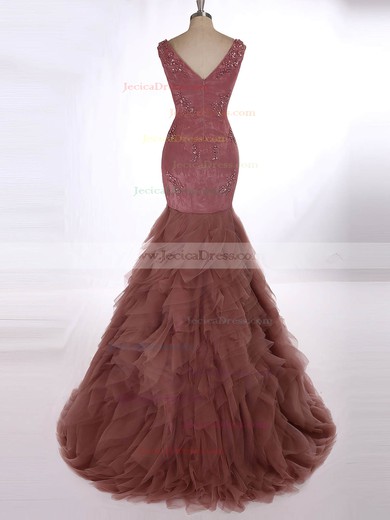 Trumpet/Mermaid Brown V-neck Tulle Lace with Beading Perfect Prom Dress #JCD020101691