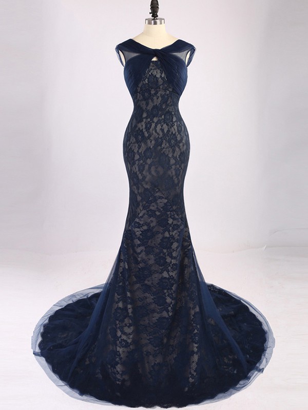 Dark Navy Backless Lace Tulle Court Train Ruffles Trumpet/Mermaid Prom Dress #JCD020101692