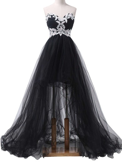 Asymmetrical Sweetheart Tulle Appliques Lace Different Black Prom Dress #JCD020101693