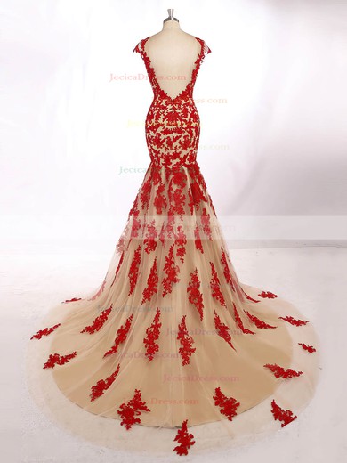 Exclusive Backless Tulle Court Train Appliques Lace Trumpet/Mermaid Prom Dress #JCD020101694