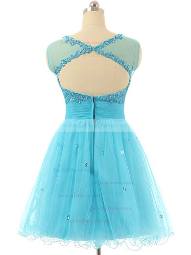 Cap Straps A-line Tulle Short/Mini Beading Blue Prom Dresses #JCD020101797