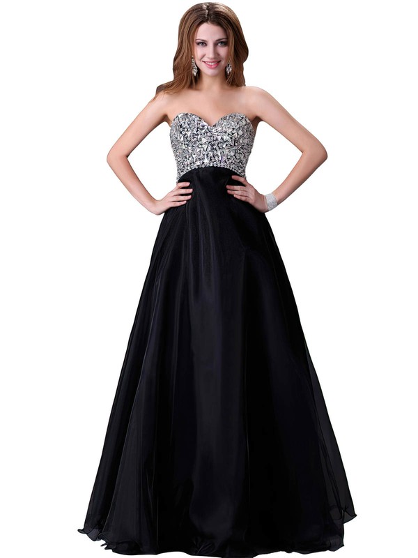 Sweetheart Black Organza Floor-length Crystal Detailing Amazing Prom Dress