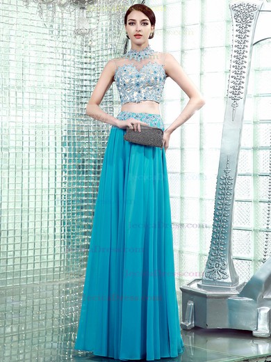 Two Pieces Open Back Blue Chiffon Tulle Appliques Lace High Neck Prom Dress #JCD020101867
