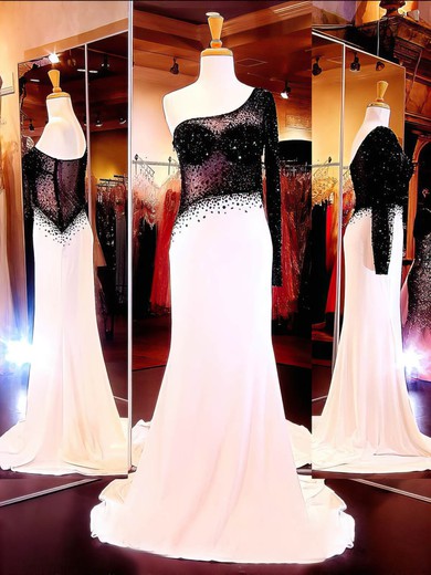 Court Train Multi Colours Chiffon Tulle Crystal Detailing Long Sleeve One Shoulder Evening Dress #JCD02023552