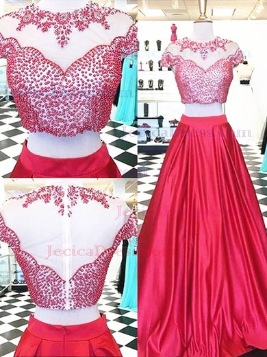 Short Sleeve Red Elastic Woven Satin Floor-length Beading Two Piece Prom Dresses #JCD020102033