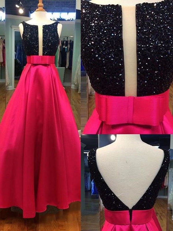 A-line Scoop Neck Satin Tulle with Beading Backless Elegant Prom Dresses