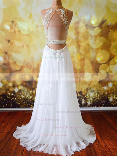 White Open Back Chiffon Tulle Appliques Lace Sweep Train Sexy Prom Dresses #JCD020102042