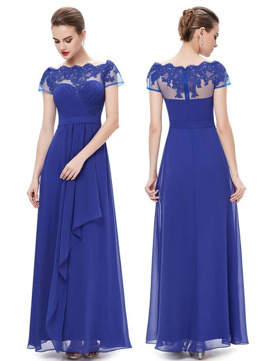 Royal Blue Scalloped Neck Ankle-length Chiffon Appliques Lace Short Sleeve Prom Dresses #JCD020102044