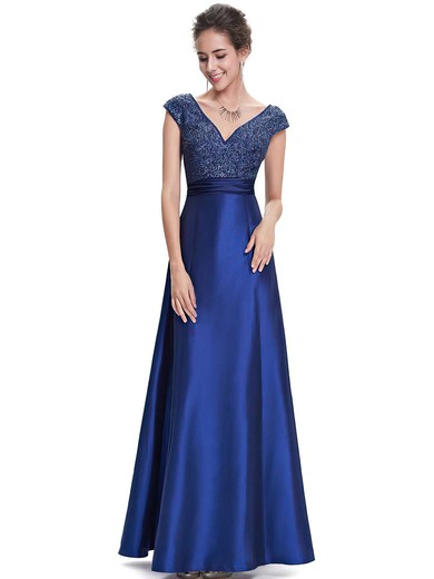 V-neck Royal Blue Satin with Beading Cap Straps Ankle-length Prom Dresses #JCD020102045