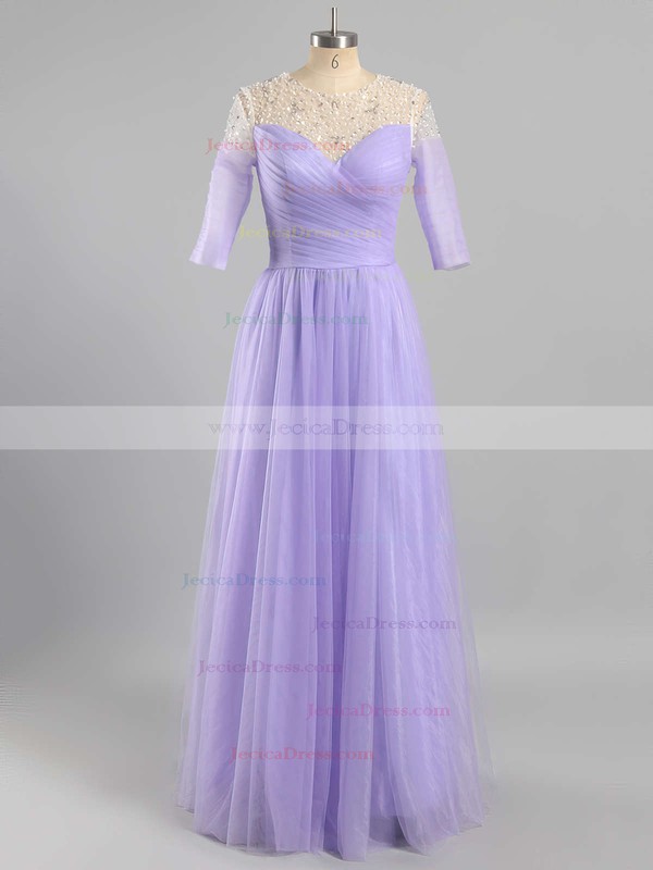 Promotion Scoop Neck Tulle Beading Floor-length 3/4 Sleeve Prom Dresses #JCD020102046