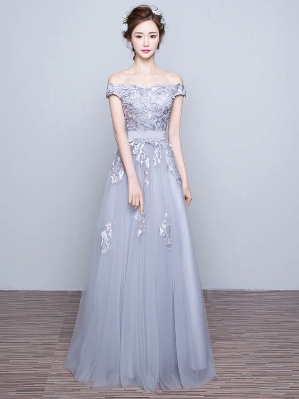 A-line Gray Tulle Appliques Lace Discounted Off-the-shoulder Prom Dresses #JCD020102047