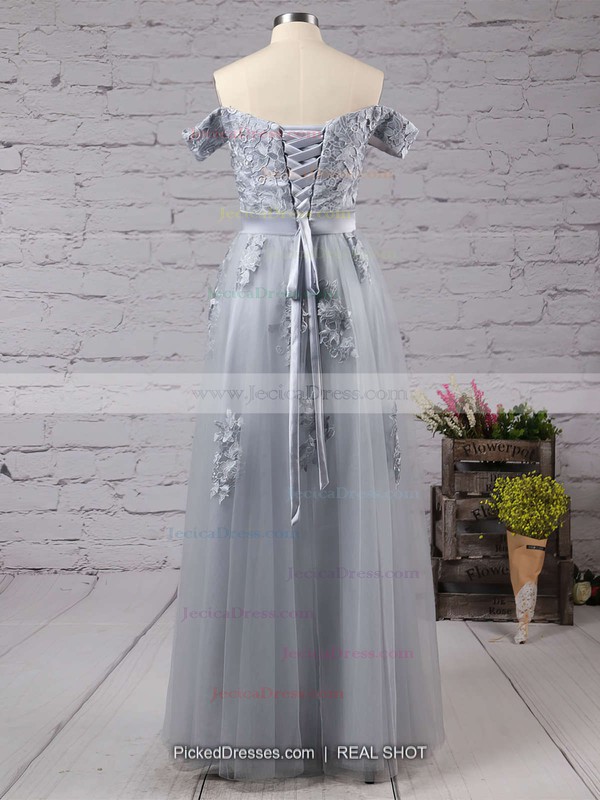 A-line Gray Tulle Appliques Lace Discounted Off-the-shoulder Prom Dresses #JCD020102047