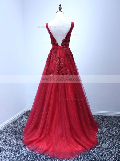Princess V-neck Tulle Appliques Lace Backless Burgundy Prom Dresses #JCD020102048