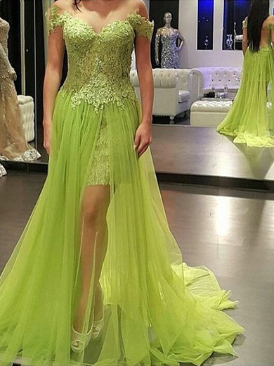 Off-the-shoulder Tulle Lace Split Front Court Train Popular Prom Dresses #JCD020102053