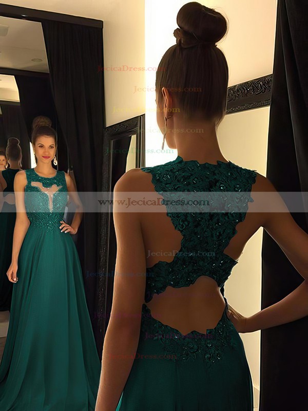 Scoop Neck Lavender Chiffon Sweep Train Appliques Lace Original Prom Dresses #JCD020102055