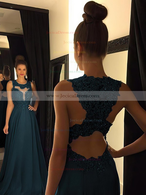 Scoop Neck Lavender Chiffon Sweep Train Appliques Lace Original Prom Dresses #JCD020102055