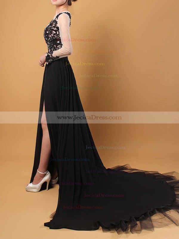 Long Sleeve Scoop Neck Tulle Appliques Lace Court Train Black Prom Dress #JCD020102059