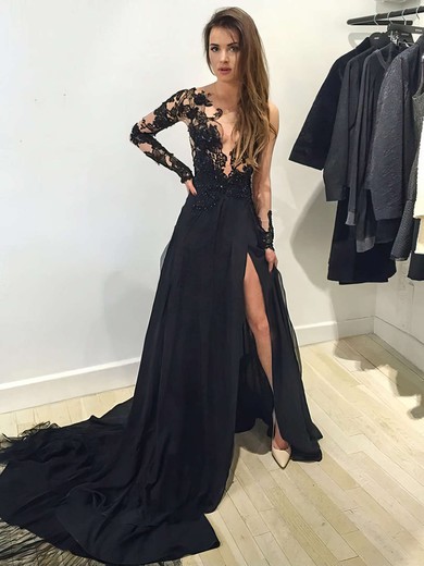 Long Sleeve Scoop Neck Tulle Appliques Lace Court Train Black Prom Dress #JCD020102059