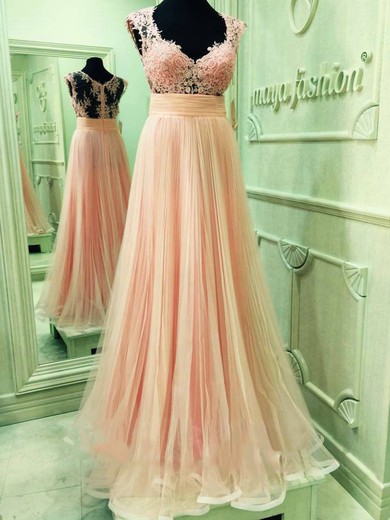 Pink Tulle Floor-length with Appliques Lace V-neck Prettiest Prom Dress #JCD020102061